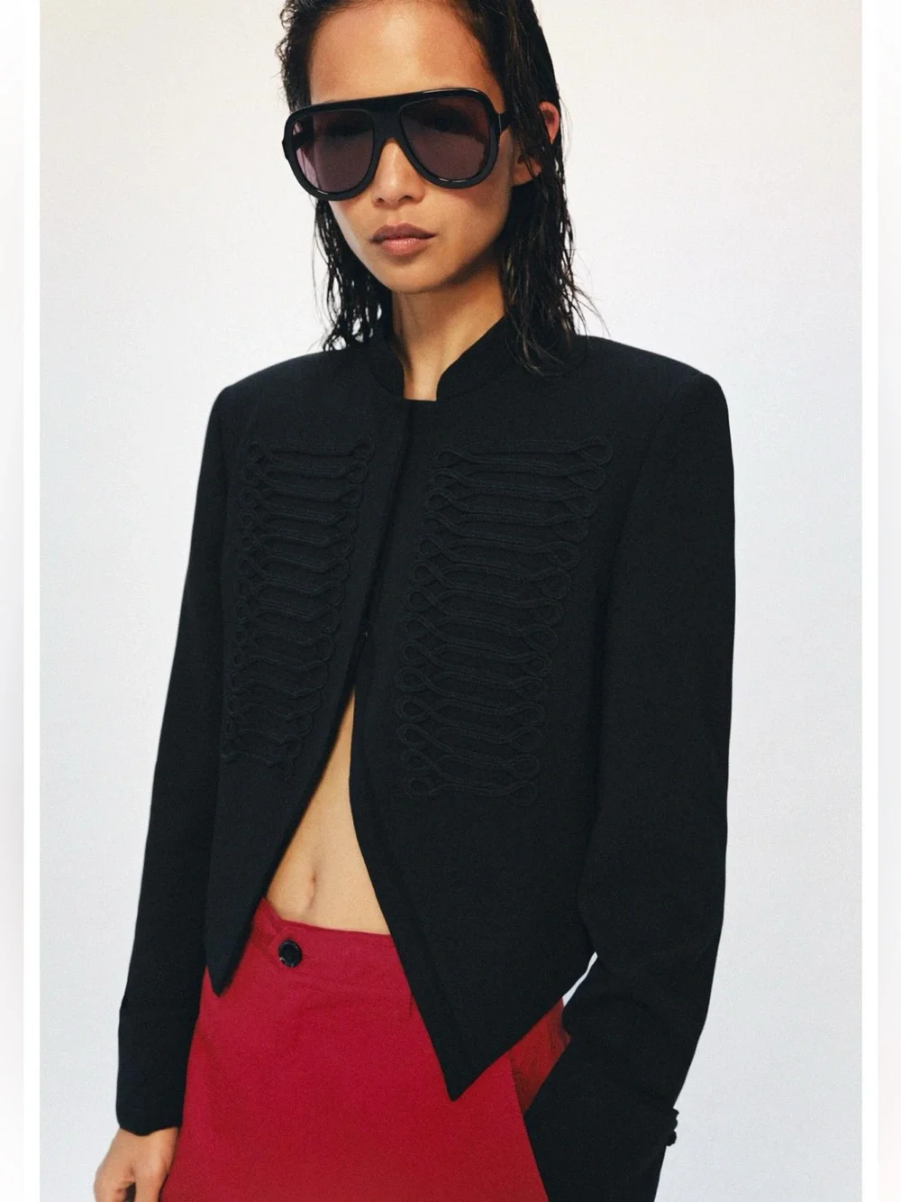 Zara ZW Collection Frog Clasp Blazer in black, featuring a high stand-up collar